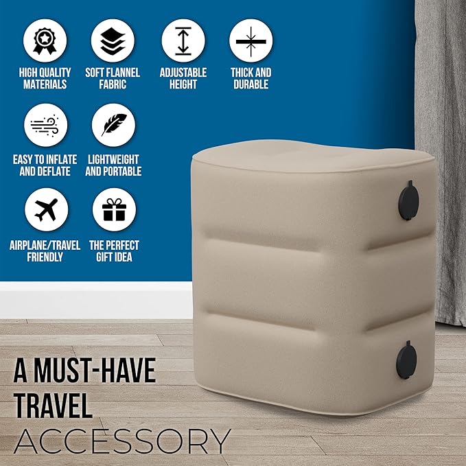 Inflatable Car Seat Foot Rest for Airplane or Toddler Bed for Air Plane (with Fast Inflating Bag) (Beige)