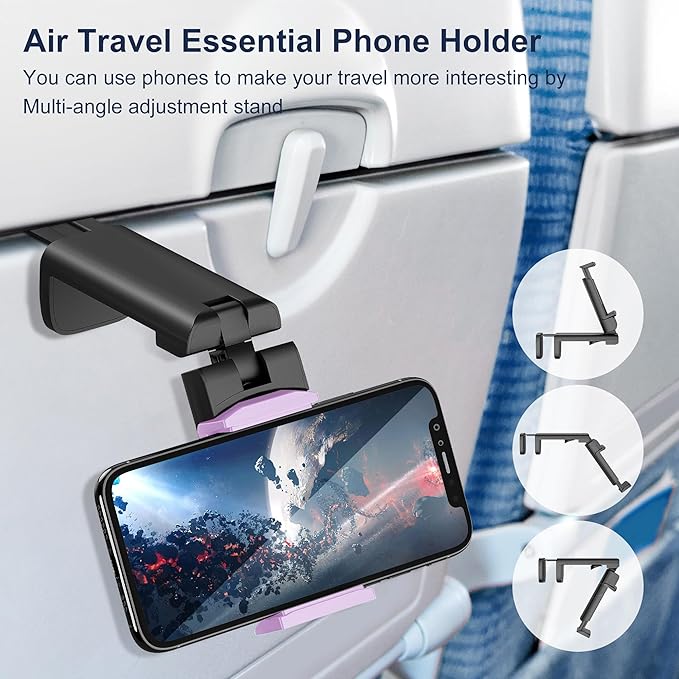 2 Pack Universal Airplane Travel Phone Holder: Travel Essentials Phone Mount for Desk with Multi-Directional 360 Degree Rotation, Travel Accessories Must Haves Phone Holder (Purple+Purple)