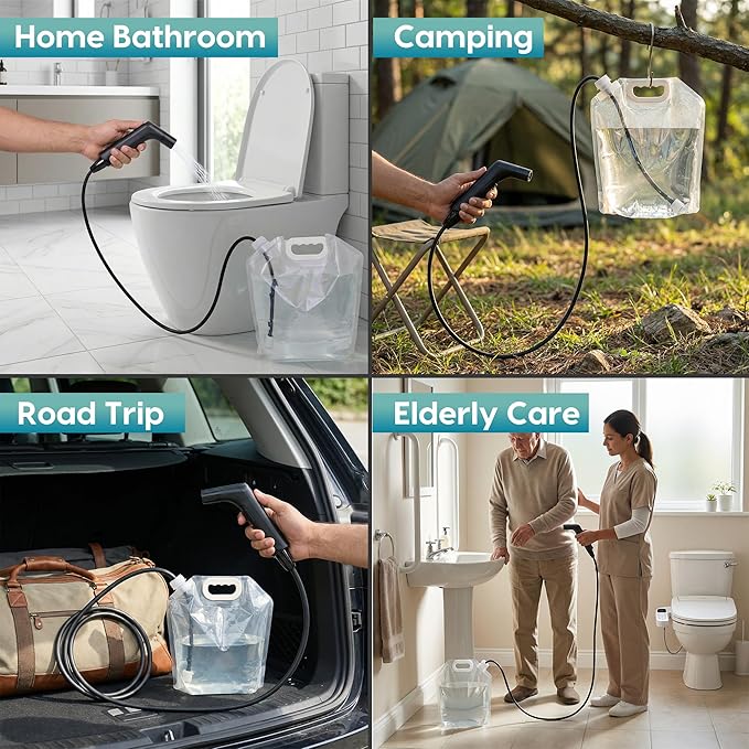 Portable Bidet Sprayer & 5L Water Bag – Rechargeable Travel Bidet, 2-Speed Flow Control, IPX6 Waterproof, 1.2m Hose & USB-C Charging – Perfect for Road Trips, Camping, RV Living & Postpartum Care!