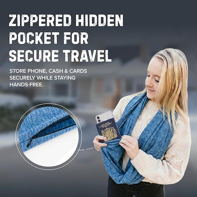 Zero Grid Infinity Travel Scarf Loop with Hidden Zipper Pockets for Passport, Phone, Cash, Cards