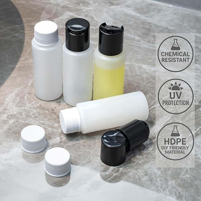 4 Pack 2oz Travel Bottles – TSA Approved HDPE Translucent Squeeze Bottles with Black Disc Tops & 4 Extra Screw Caps, Leak Proof, Durable, BPA Free, FDA Compliant