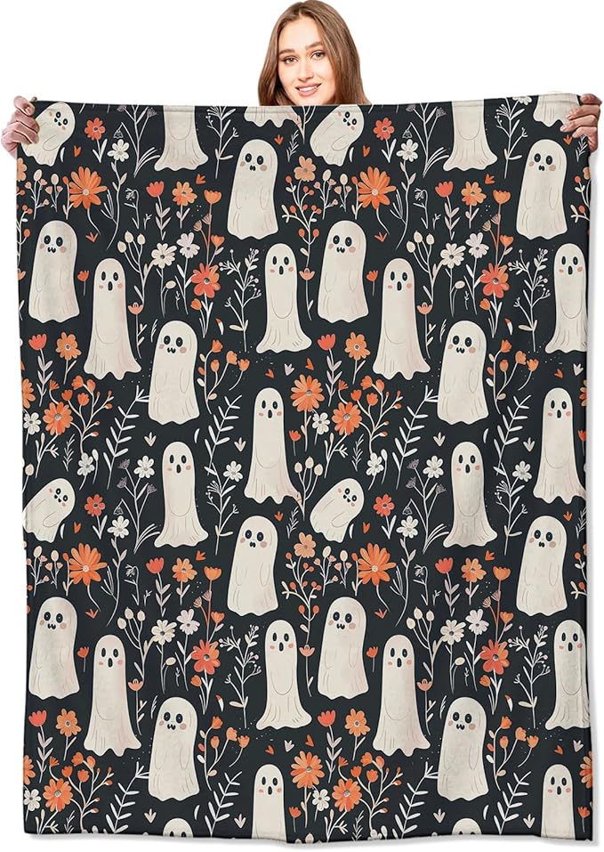 Spooky Ghost Blanket Cute Floral Autumn Flowers Throw Blankets Gifts for Kids Lightweight Soft Fleece Cozy for Sofa Couch Bed Room Travel Birthday Halloween Decor 50x60in