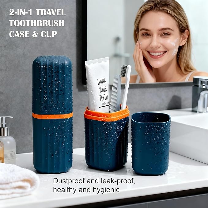Toothbrush Travel Case, 2-in-1 Dustproof Travel Toothbrush Holder with Mouthwash Cup, Travel Essential Toothpaste and Toothbrush Container for Traveling Camping Business Trip School Bathroom