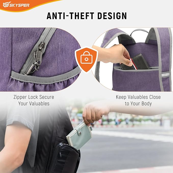 SKYSPER Anti Theft Hiking Backpack, 18L RFID Packable Travel Daypack, Lightweight Foldable Back Pack for Walking Daytrip