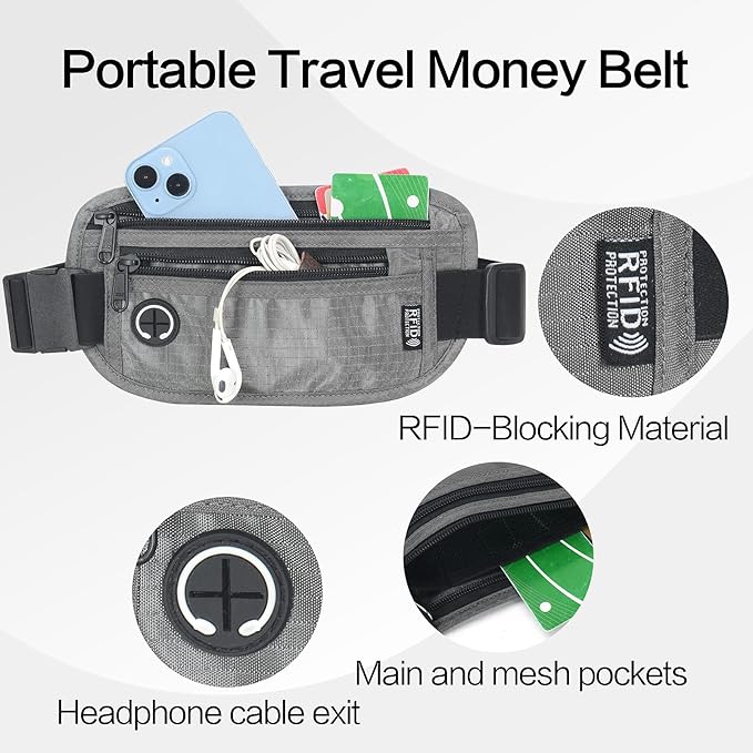 Slim Money Belt for Travel - Anti-Theft Hidden Passport Holder Waist Wallet with Secure Pouch for Cash, Credit Cards (Small Grey)