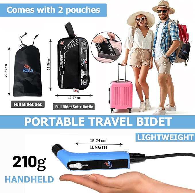 Orca Portable Travel Bidet Bottle Handheld Personal Sprayer, Electric Travel Bidet Camping Bathroom Personal Hygiene Cleaning Baby Care Toilet Sprayer Cleaning + 2 L Pouch