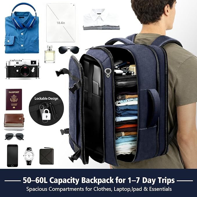 Travelability Carry On Backpack,Expandable 1-7 DAYS Roomy Travel Backpack with USB Cable Port,Anti Theft Water Resistant Fits 18.4"Laptop Large Business Backpack for Men Women,Flights Approve,Blue