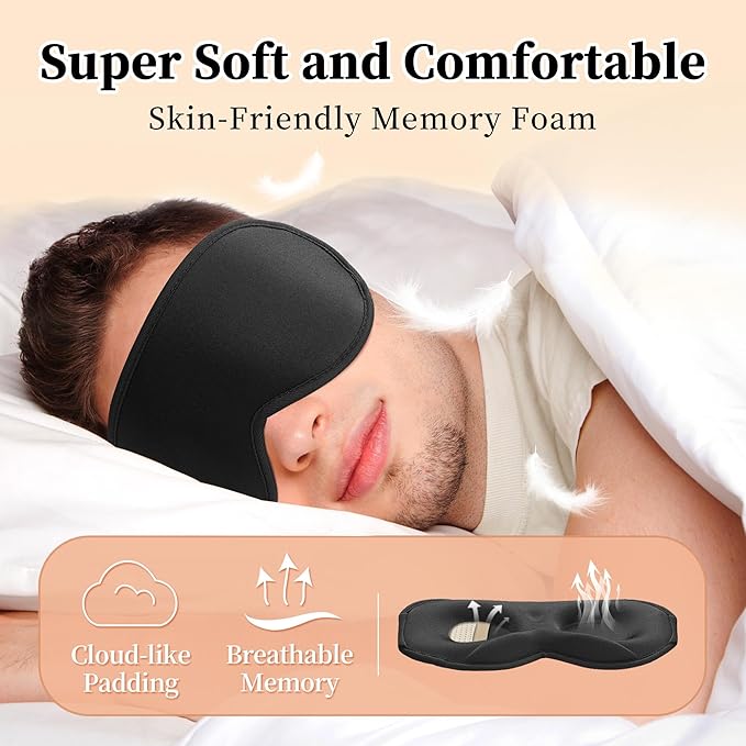 3D Sleep Mask for Men&Women, 2 Pack Contour Eye Masks for Sleep, Side Sleeping Mask for Men&Women, Blackout Eye Mask for Sleeping Eye Mask, Airplane Travel Essentials for Men, Meditation Black & Black