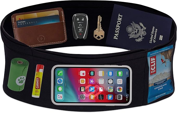Sporteer VersaMax Anti-Theft Running Belt - Secure Double-Flap Waist Pack - Fits All Mobile Phones - Pickpocket-Proof Travel Money Belt & Medical Device Holder - Premium Nylon Spandex (Black, Medium)