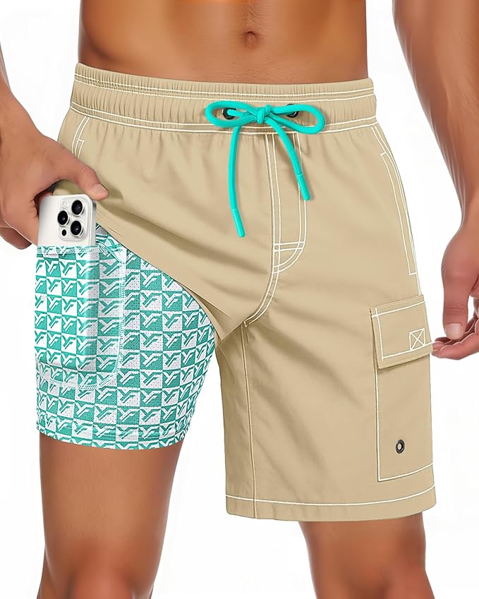 Men Swim Trunks with Compression Liner Quick Dry Breathable Multi Pockets for Summer Beach Cruise Water Park
