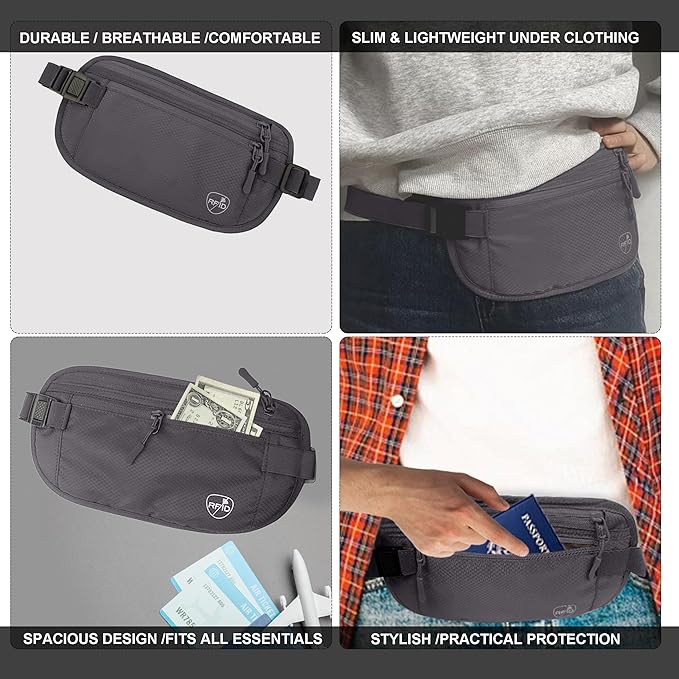 SUPACOOL Money Belt, Hidden Travel Wallet for Passport, RFID Blocking Passport Pouch, Undercover Fanny Pack(Grey)