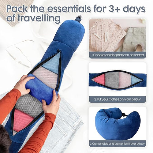 2 Pack Travel Pillows Stuffable with Clothes,Travel Neck Pillow Airplane,Travel Pillows for Airplanes,Holds 3+ Days of Travel Essentials Storage Bag,Soft Velvet Neck Pillow Cover(Sea Blue)