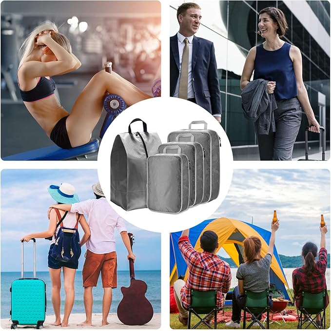 NiHome Compression Packing Cube 6PCS Set Expandable Travel Bag Luggage Organizers Electronic Cable Cord Charger Organizer Drawstring Bag for Trip Home Storage Travel Gear Accessories (Blue/Black/Grey)