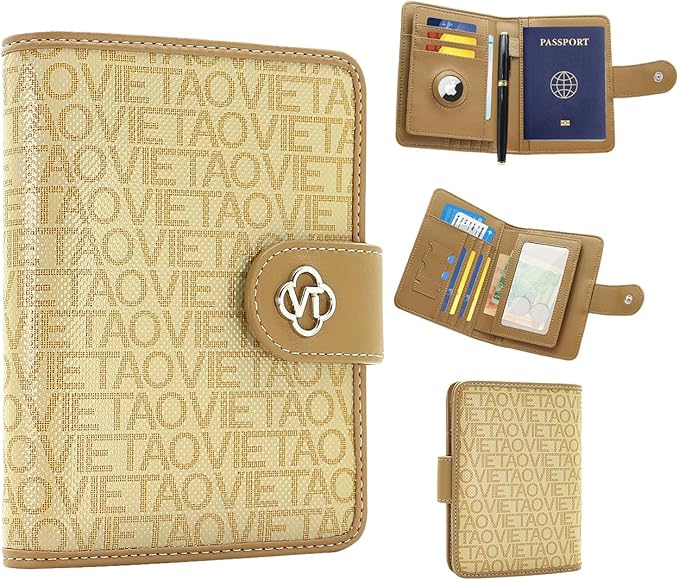 Passport Holder for Travel, RFID Blocking Leather Airtag Wallet for Women Men, Large Passport Cover Essentials Gift, Tickets, Cash, Photo, Sim Card Pen Slot, Apricot