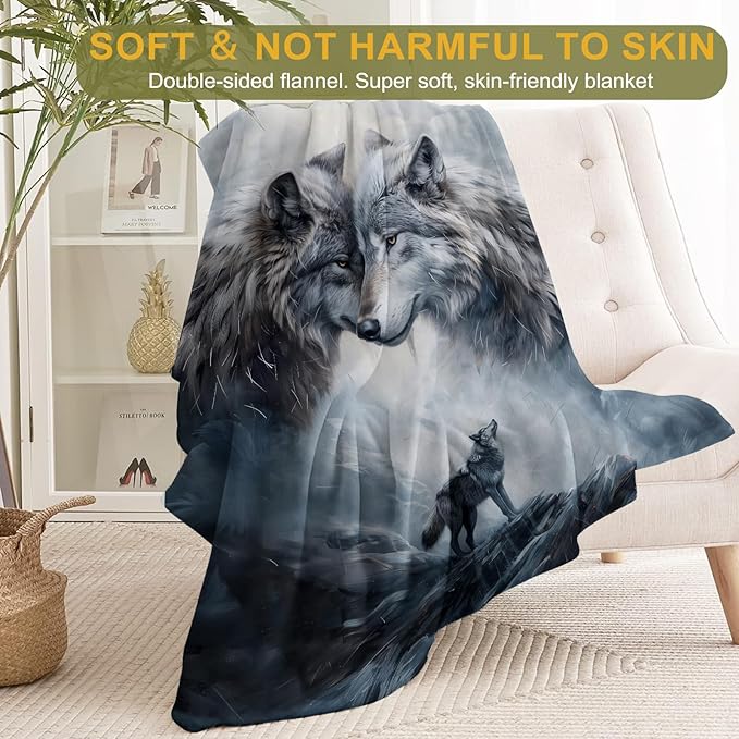 Wolf Flannel Blanket - Cool Majestic Wolves in Winter Landscape Throw - Lightweight Soft Cozy Gifts Blankets for Women Men & Wildlife Lovers,Modern Home Room Bedroom Rustic Decor 40x50in