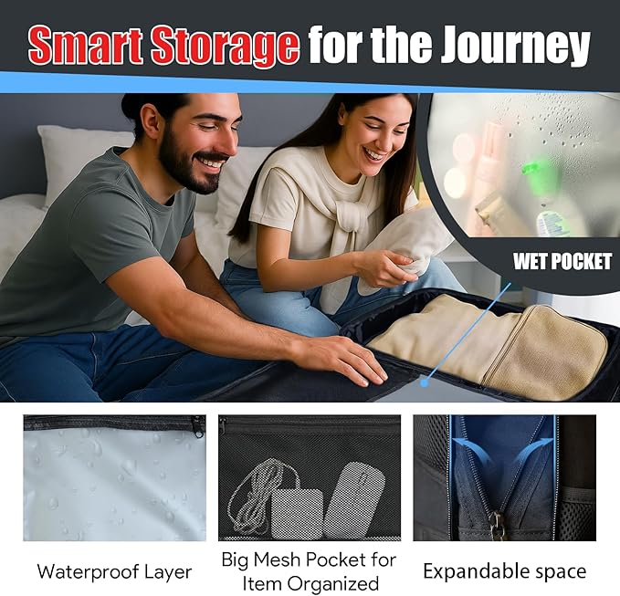 Expandable Travel Backpack 50L-60L, Extra Large Carry on Backpack Hiking Camping Rucksack with Waterproof Wet Pocket, Anti-Theft 19 Inch Gaming Laptop Bag for Road Trip Outdoor Sports, Black