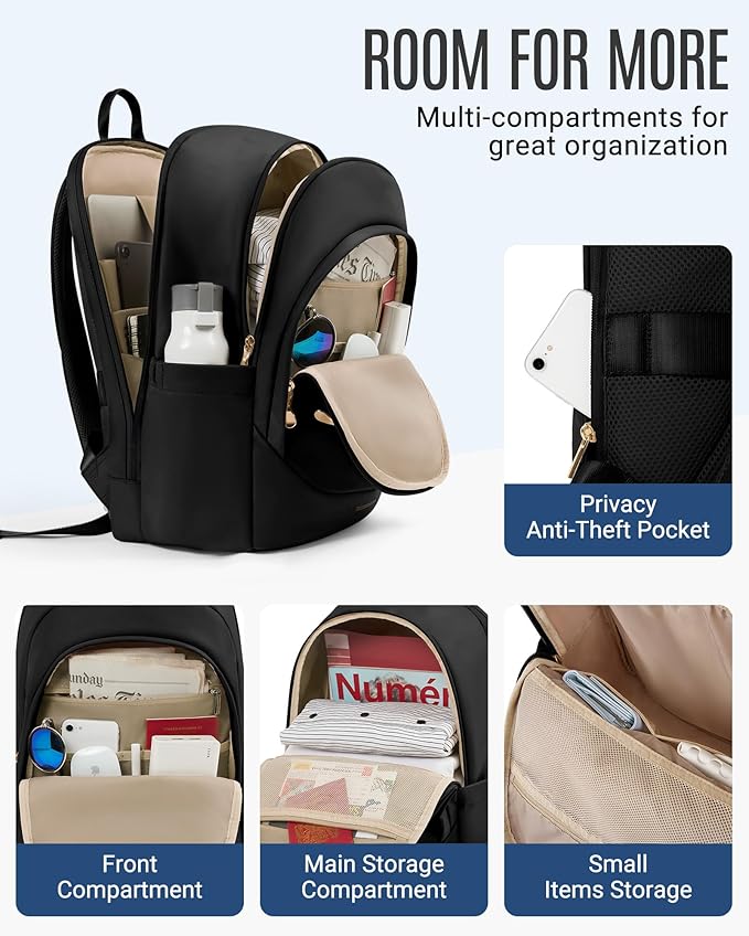 LIGHT FLIGHT Travel Backpack for Women, 15.6 Inch Laptop Backpack with USB Charging Hole, Water Resistant College Bookbag, Large Capacity Black Computer Backpacks for Work, Beige+Black
