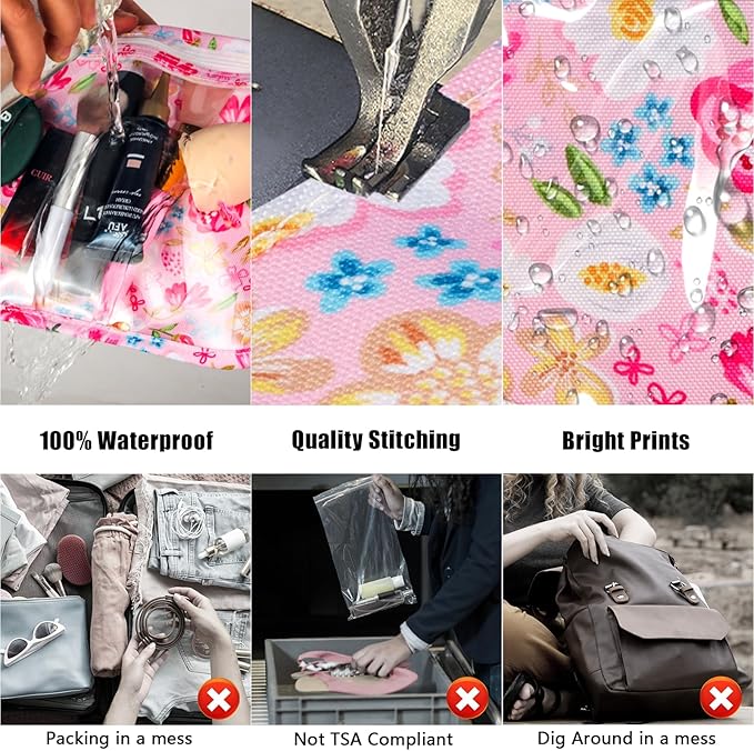HIONXMGA TSA Approved Toiletry Bag, Set of 3 Clear Travel Toiletry Bag Quart Size Zipper Travel Pouch, Waterproof Makeup Cosmetic Bag for Women Men Kids Toiletries Carry on, Flowers