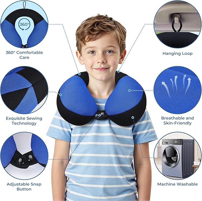 COOLBEBE Kids Travel Neck Pillow, Softly Headrest Travel Pillow for Car & Airplane, Traveling Gifts for Toddler & Children, Haze Blue