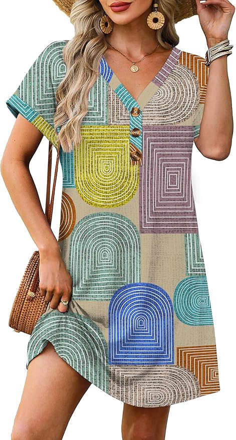 WIHOLL Summer Dresses for Women with Sleeves Midi Dress Button Down Beach Vacation Casual Dresses Fashion Clothing