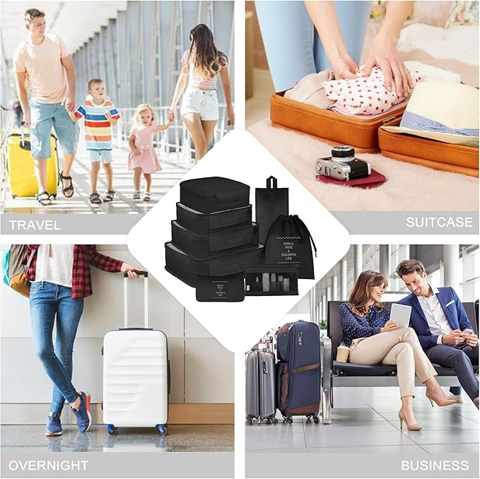 Vercord 8 Set Travel Packing Pods Luggage Organizers Cubes with Laundry Bags Accessories