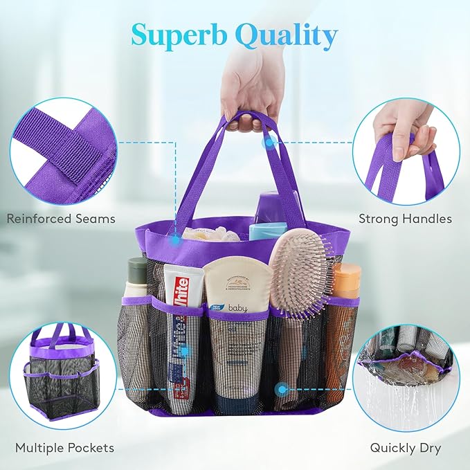 Lifewit Mesh Shower Caddy Portable for College Dorm Room Essentials with 7 Pockets, Freestanding Hanging Organizer Basket, Quick Dry Tote Bag for Camping, Bathroom, Beach, Travel, 1 Pack, Purple