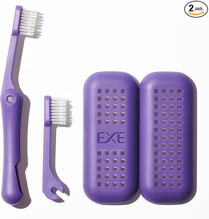 Minibox Folding Travel Toothbrush with Dual-Length Bristles & Case, Compact Mini Design for Business Trips, Camping, and Outdoor Activities, 1 Pack with 1 Extra Replaceable Brush Heads, Purple