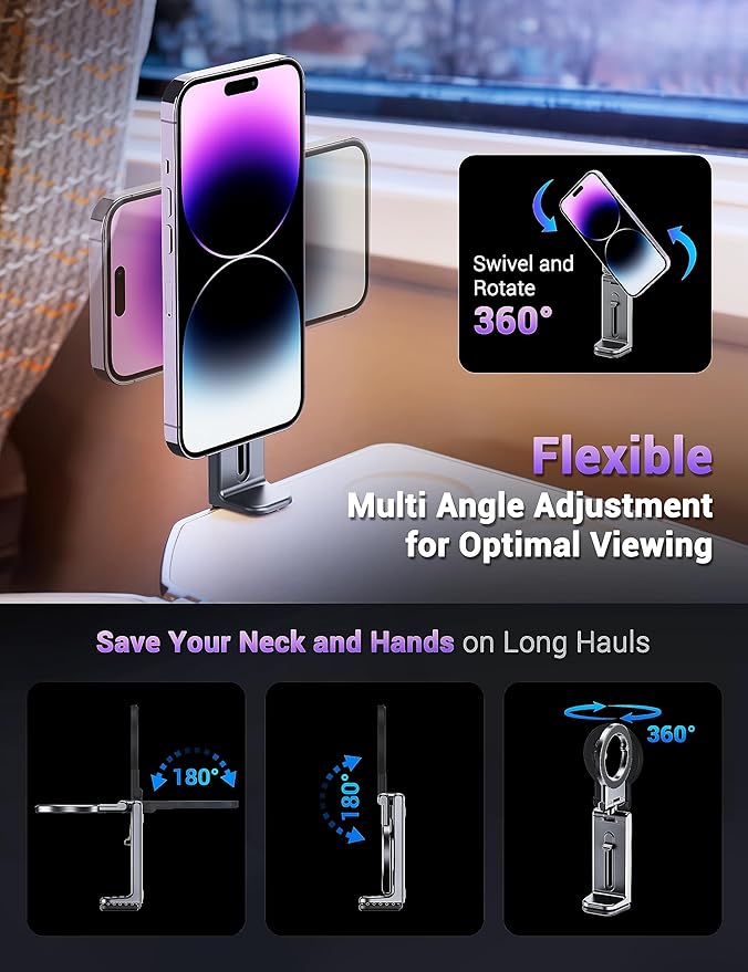 PROfezzion 2-Pack Magnetic Airplane Phone Holder for MagSafe iPhone 17, 16, 15, 14, 13 & All Phones, Handsfree Plane Phone Mount for Seat Tray Table, Travel Essentials Must Have Accessories for Flying