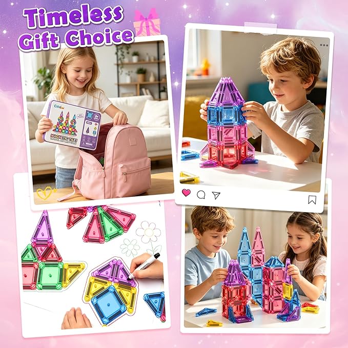 Magnetic Tiles Mini Travel Toys Set for Kids, Magnetic Blocks Building Toy Preschool Classroom Must Haves, Montessori Sensory Outdoor Kids Toys for Toddlers 3+ Year Old Girls Boys Travel Essential