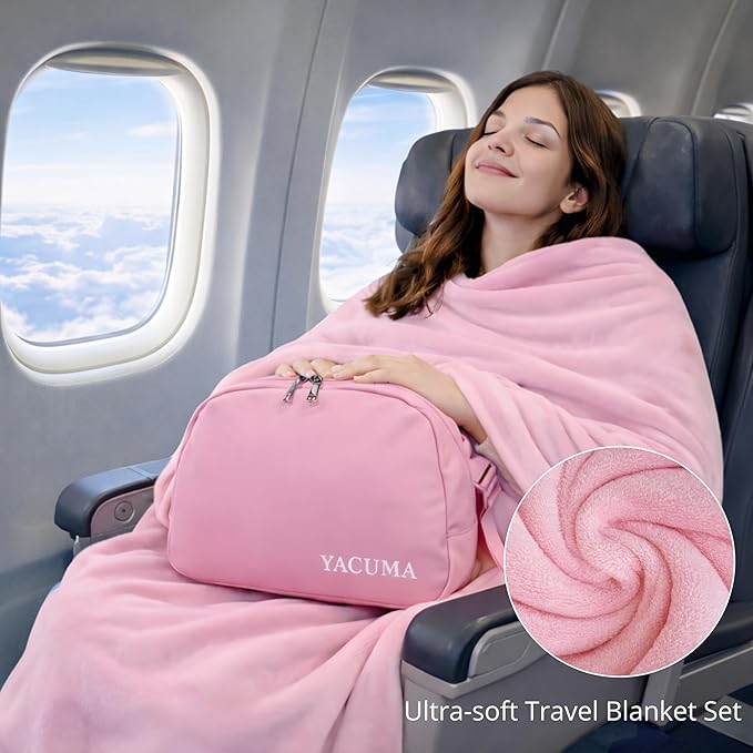 Travel Blanket Airplane – Ultra Soft Flannel 40”x60”, Compact & Lightweight with Organizer Bag, Cozy Travel Blanket for Flights, Road Trips, and Home Comfort - Pink