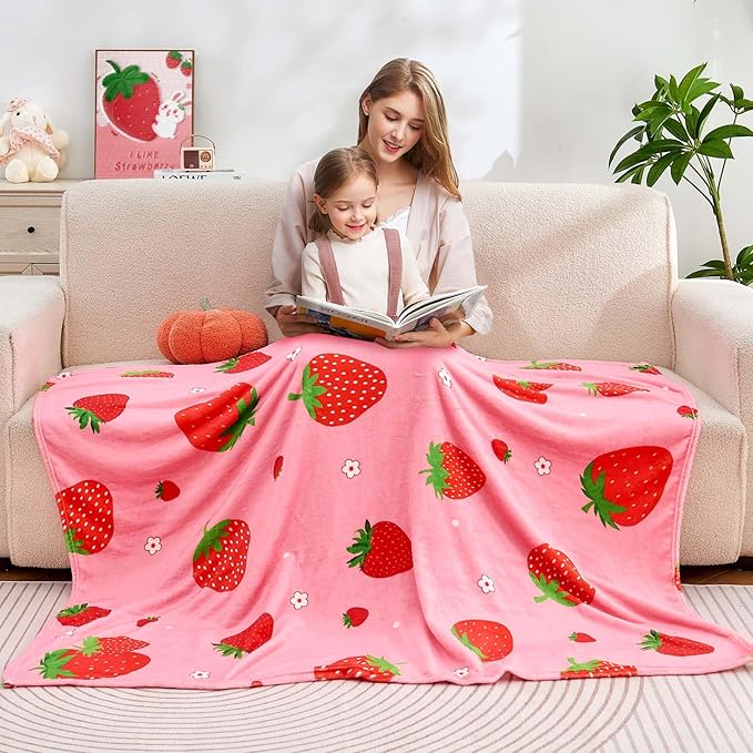 Wajade Kids Pink Strawberry Throw Blanket for Girls Teens Women Soft Fuzzy Flannel Bed Blanket for Kids Adults Plush Christmas Birthday Gifts 60”x80”