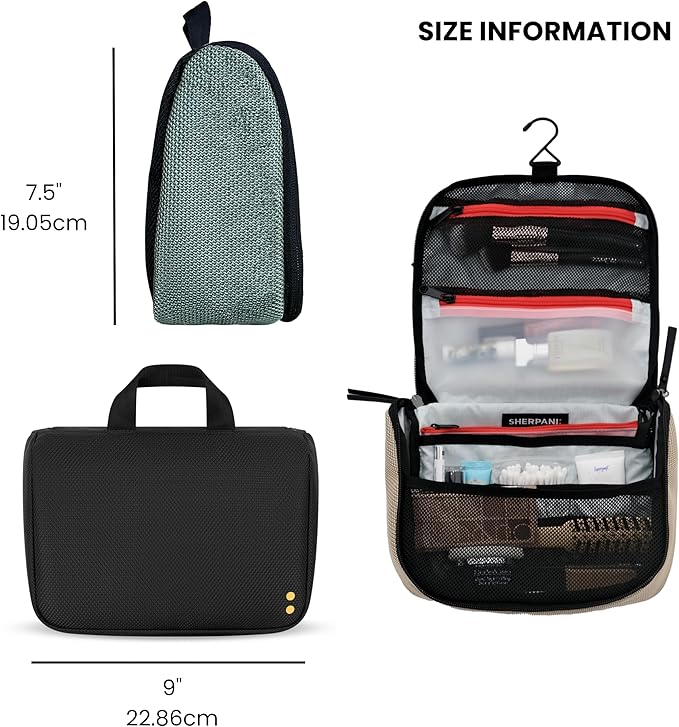 Sherpani Co-Pilot, Travel Toiletry Bag, Hanging Cosmetic Organizer, Water Resistant Makeup Bag, Shower Dopp Kit, Essentials Toiletries for Women, Travel Gift (Carbon)