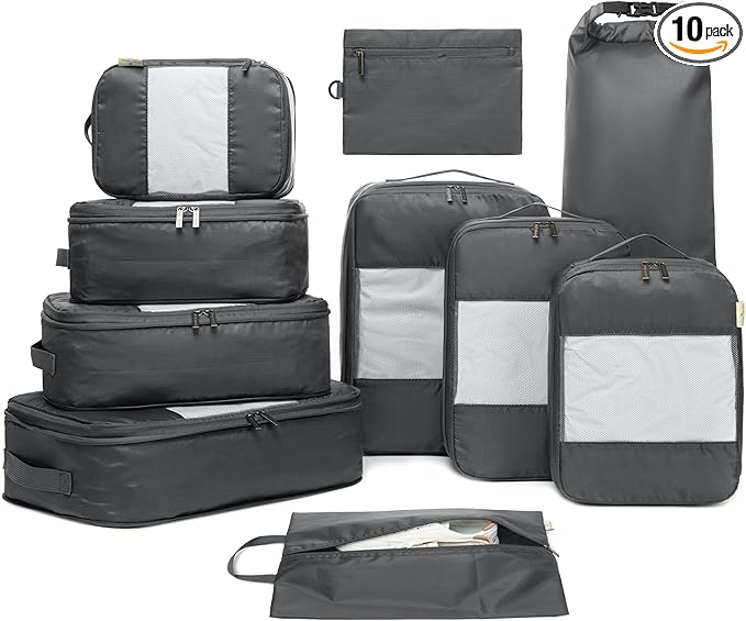 10-Pack Large Compression Packing Cubes for Travel - Lightweight Compression Packing Cube Set, Water-Resistant Luggage Organizer Bags & Suitcase Organizers, Travel Cubes for Carry-On, Checked Luggage