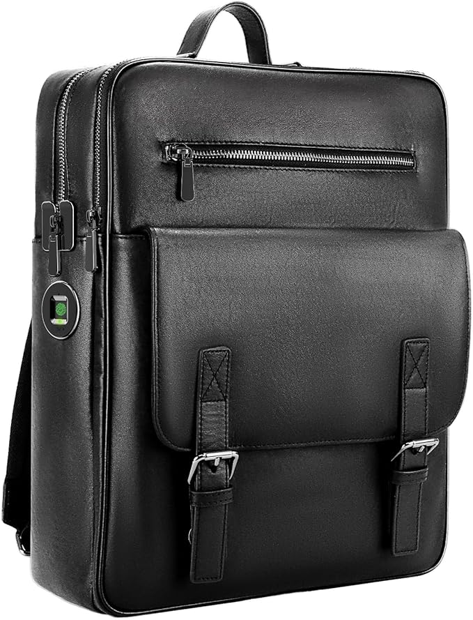 BBMars Smart Anti-Theft Backpack: Biometric Lock, Support Find My (iOS Only), Luxury Black Leather 15.6" Laptop Executive Bag for Men, Business Travel Daypack