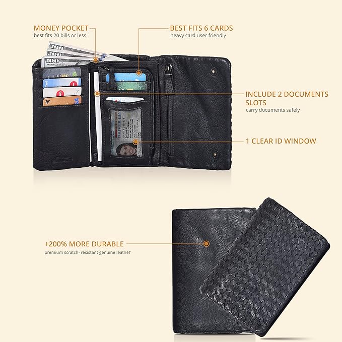Real Leather Women Wallet Leather with RFID Blocking -Trifold Card Holder Designer Ladies Clutch with ID Window Wallets