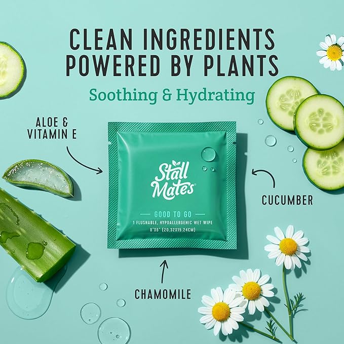 Stall Mates - Flushable Wipes, Individually Wrapped, Travel Friendly, Unscented with Cucumber, Vitamin-E & Aloe, (30 on-the-go singles)