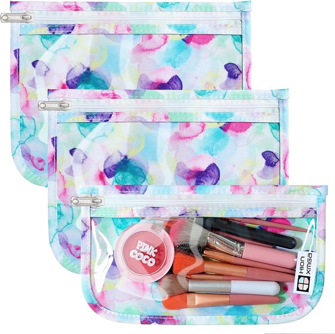 HIONXMGA TSA Approved Toiletry Bag, Set of 3 Clear Travel Toiletry Bag Quart Size Zipper Travel Pouch, Waterproof Makeup Cosmetic Bag for Women Men Kids Toiletries Carry on, Watercolor