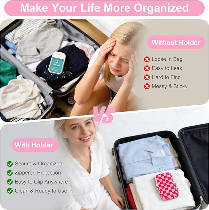 KJQJLY 2 Pack Hand Sanitizer Holder Pouch, Zippered Portable Sanitizer Case with Cute Pattern, Keychain D-Ring for Purse, Backpack & Travel