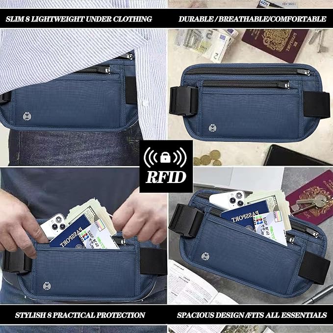 Blue Hidden Money Belt for Travel for Men, Waist Wallet Anti Theft, RFID Passport Holder For Travel Men Or Women, Money Pouch, RFID Passport Holder