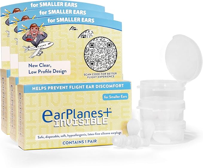 EarPlanes+ Invisible Airplane Travel Ear Protection Clear Low-Profile Design (Small, 3, Count)