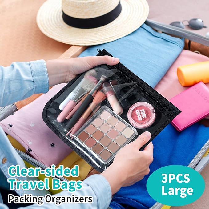 HIONXMGA TSA Approved Toiletry Bag, Set of 3 Clear Travel Toiletry Bag Quart Size Zipper Travel Pouch, Waterproof Makeup Cosmetic Bag for Women Men Kids Toiletries Carry on, Black Large