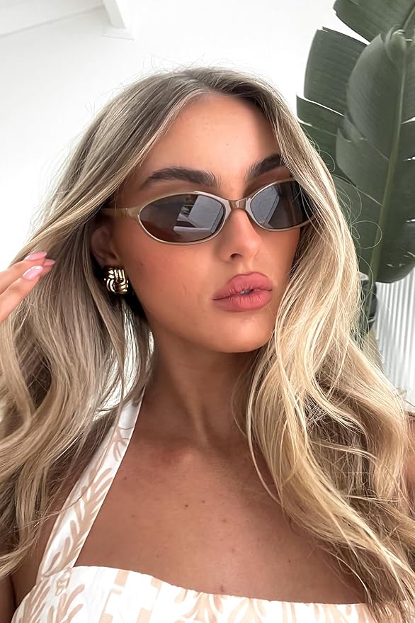 GUVIVI Retro Oval Sunglasses for Women Chic Cat Eye 90s Sunnies Lightweight Narrow Shades Trendy UV protection Sun Glasses