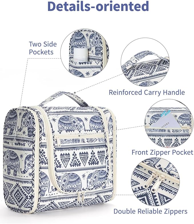 Narwey Hanging Toiletry Bag for Women Travel Makeup Bag Organizer Toiletries Bag for Cosmetics Essentials Accessories (Large, Elephant)