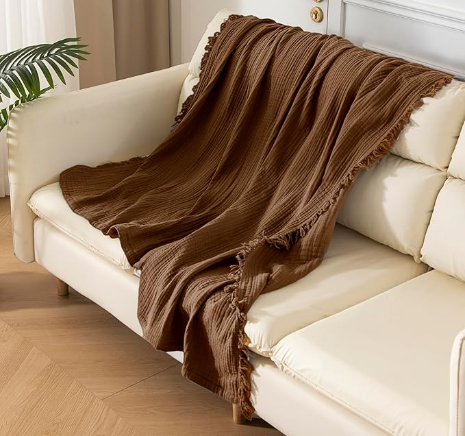 KyraHome Muslin Blankets for Adults, 60"x80" Large 100% Cotton Throw Blanket, Plant Dyed Lightweight Breathable Gauze Summer Blanket for Couch, Napping, Picnic, All Season (Brown)