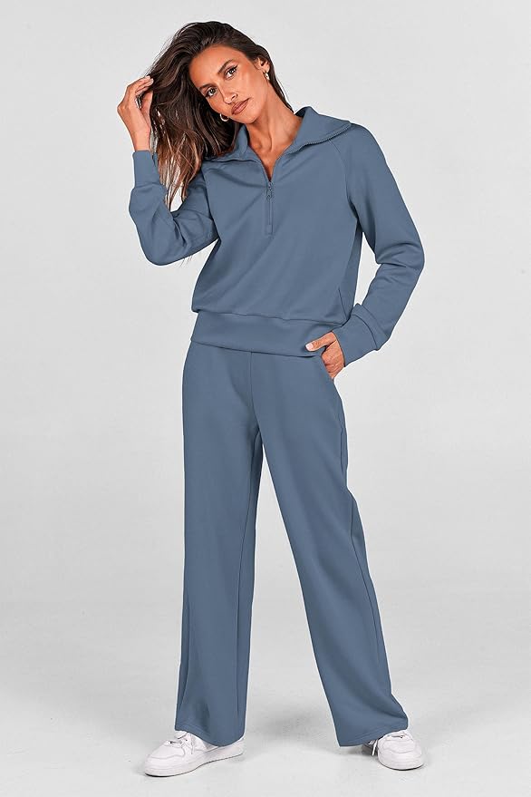 PRETTYGARDEN Women's 2 Piece Outfits Casual Lapel Half Zip Sweatshirts and Wide Leg Pants Tracksuit Sets