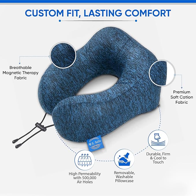 W.S. Sells Travel Neck Pillows for Airplanes - Pure Memory Foam with Ergonomic Design & Breathable Fabric - Travel Pillows for Airplanes & Cars - Set of Travel Essentials with Sleep Mask & Ear Plugs