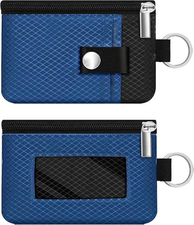 Minimalist RFID Blocking Small Wallet with ID Window,WaterResistant Zip Id Case Wallet with Lanyard Keychain for Cards,Cash,Travel,Women,Men (Electric Blue/Black)