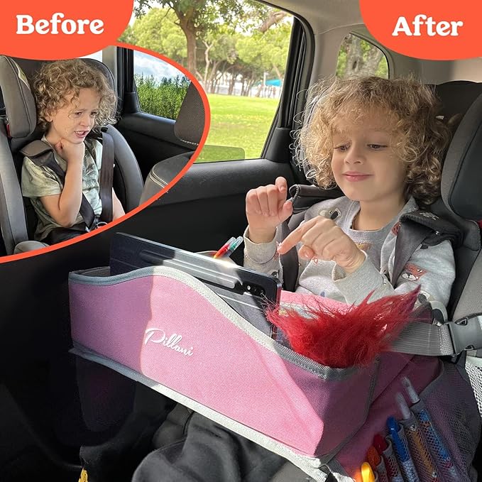 PILLANI Kids Travel Tray for Car Seat - Carseat Tray w/ iPad Holder & Dry Erase Board, Road Trip Activities - Toddler Lap Desk Organizer for Airplane - Roadtrip & Travel Essentials - Pack of 2, Pink