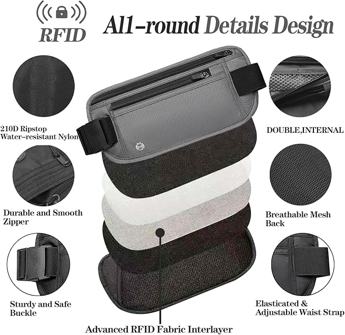 Gray Hidden Money Belt for Travel for Men, Waist Wallet Anti Theft, RFID Passport Holder For Travel Men Or Women, Money Pouch, RFID Passport Holder