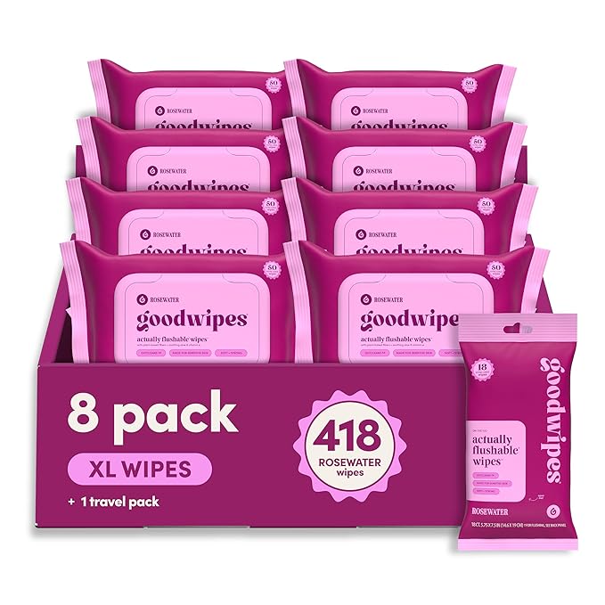 goodwipes Flushable Butt Wipes - Extra Large Adult Wet Wipes For Women & Men - Bathroom Essentials - Sewer & Septic Safe - Rosewater, 418 Count (8 Packs + 1 Travel)